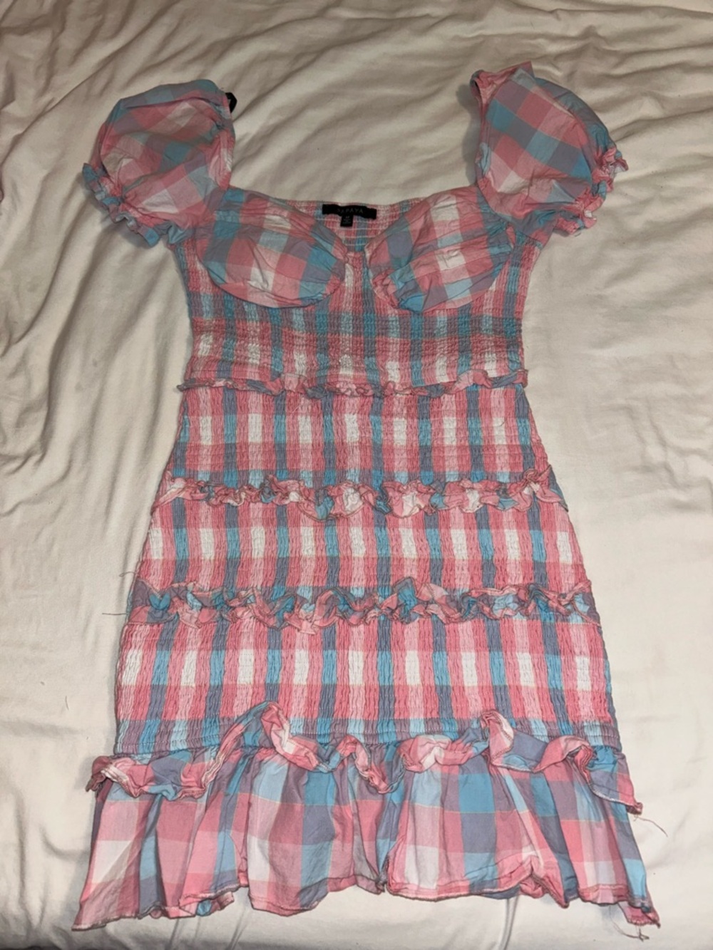 Papaya Pink and Blue Gingham Ruffle Dress